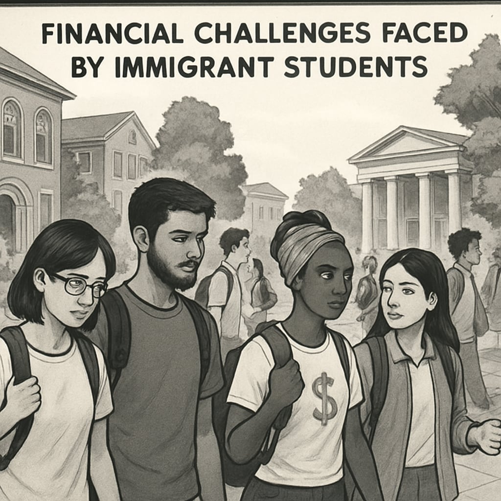 A university campus with diverse students walking, symbolizing the financial challenges faced by immigrant students. A university campus showing diverse students, highlighting international student fee challenges.