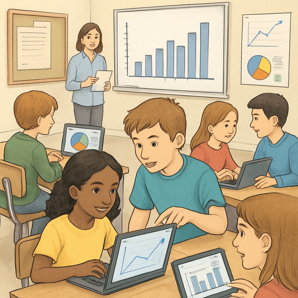 A classroom of students engaged in a data analysis activity using laptops. Students learning data analysis in a K12 classroom, focusing on career and financial skills.