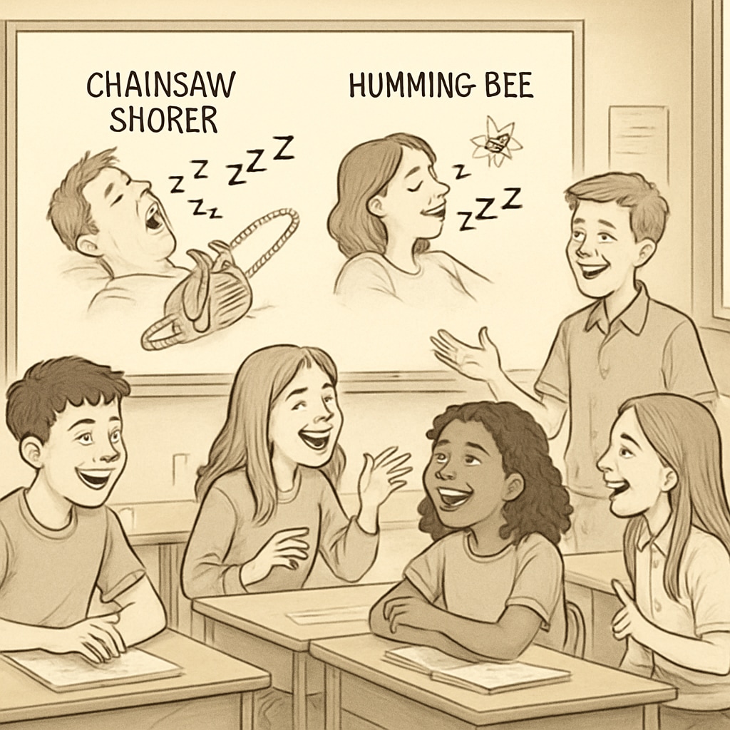 Classroom discussion with humorous snoring illustrations to teach sleep science.