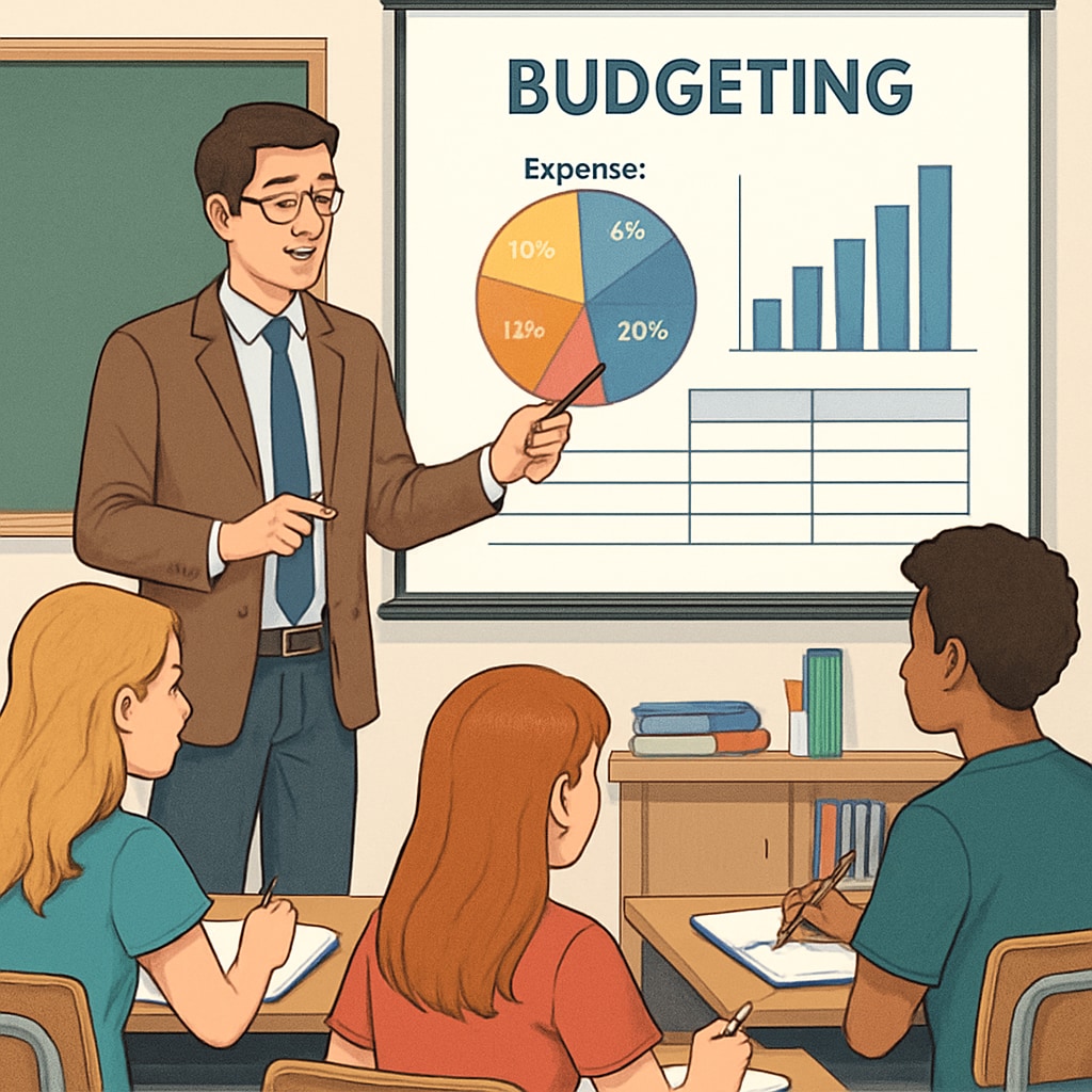 An interactive session where a teacher explains the concept of budgeting to high school students using visual aids. Teacher explaining budgeting concepts to high school students as part of financial literacy.