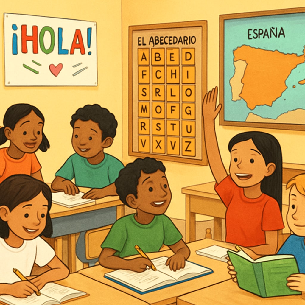 A vibrant Spanish classroom with young students learning collaboratively, showcasing cultural diversity and engagement. A Spanish classroom emphasizing cultural diversity and collaborative learning, relevant to K12 education.