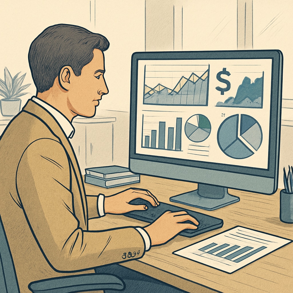 A business analytics professional analyzing financial data on a computer screen. A professional reviewing financial data related to business analytics and finance career paths.