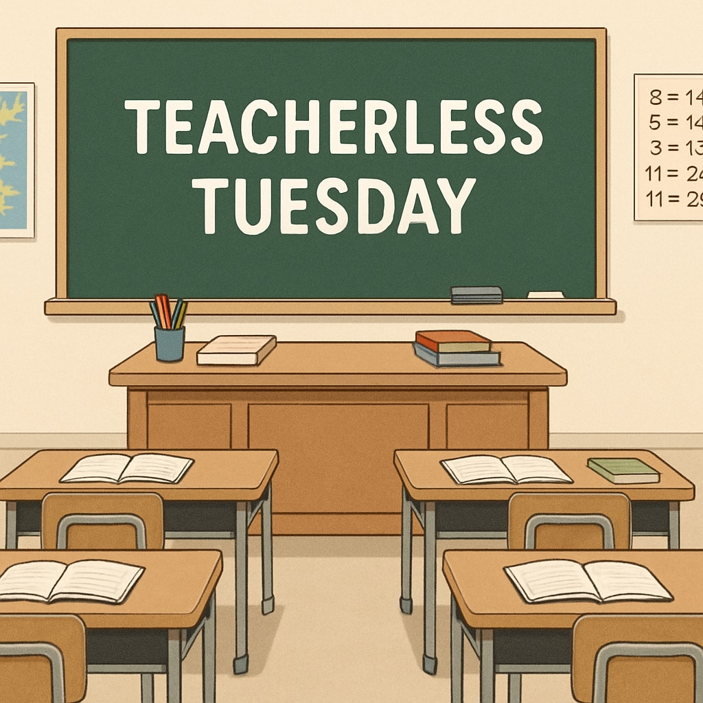 A classroom with an empty teacher's desk, emphasizing the concept of Teacherless Tuesday. A classroom without a teacher representing Teacherless Tuesday.