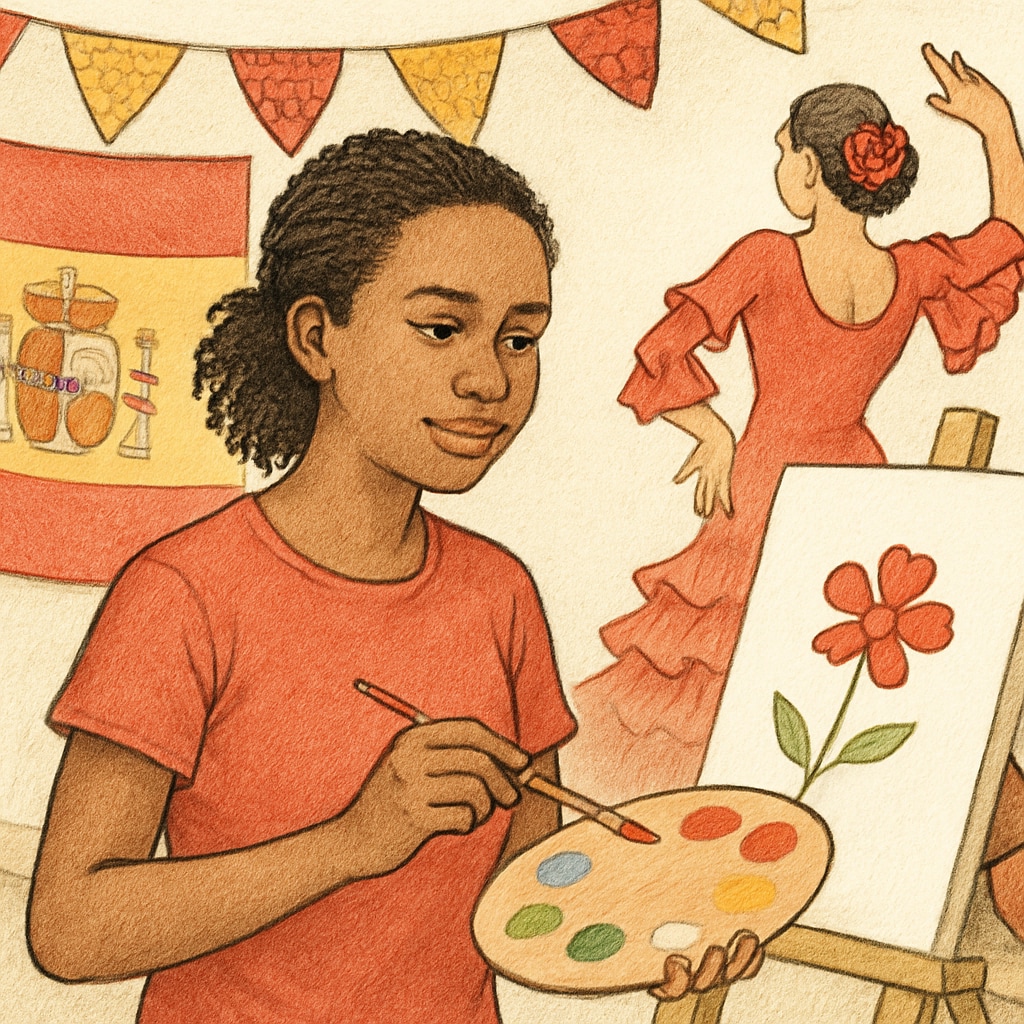 An international student in Spain engaging in a cultural activity, such as a local festival or art class, symbolizing cultural adaptation. A student participating in a cultural event in Spain, reflecting adaptation to the local culture.
