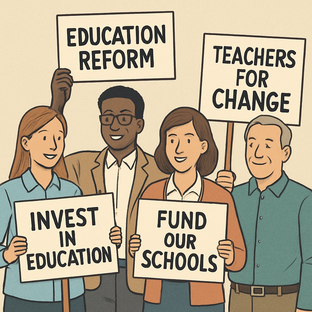 A group of teachers holding signs advocating for education reform, symbolizing collective action. Teachers protesting for education reform, illustrating the Teacherless Tuesday movement.