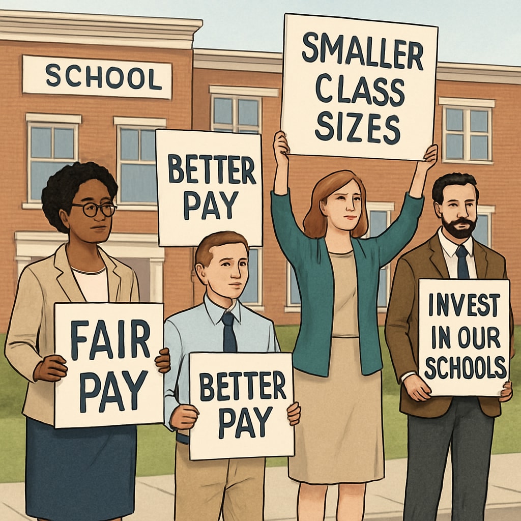A group of teachers standing outside a school with protest signs advocating for better pay and smaller class sizes. Teachers protesting for better pay and smaller class sizes during