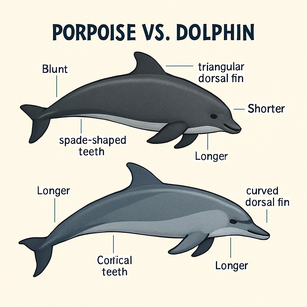 A diagram illustrating the physical differences between porpoises and dolphins, highlighting key features like teeth shape and beak length. Porpoises and dolphins comparison showing teeth and beak differences.