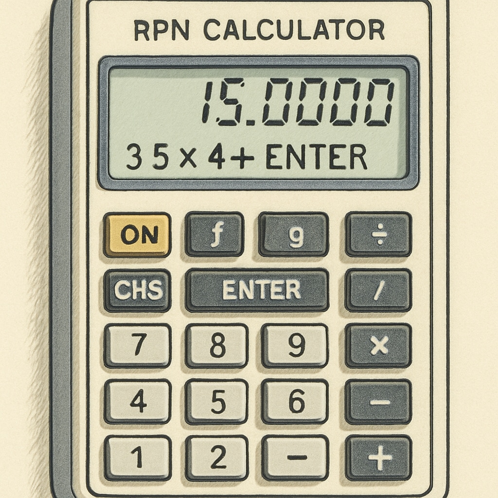 An RPN calculator displaying a calculation, highlighting its unique approach to order of operations.