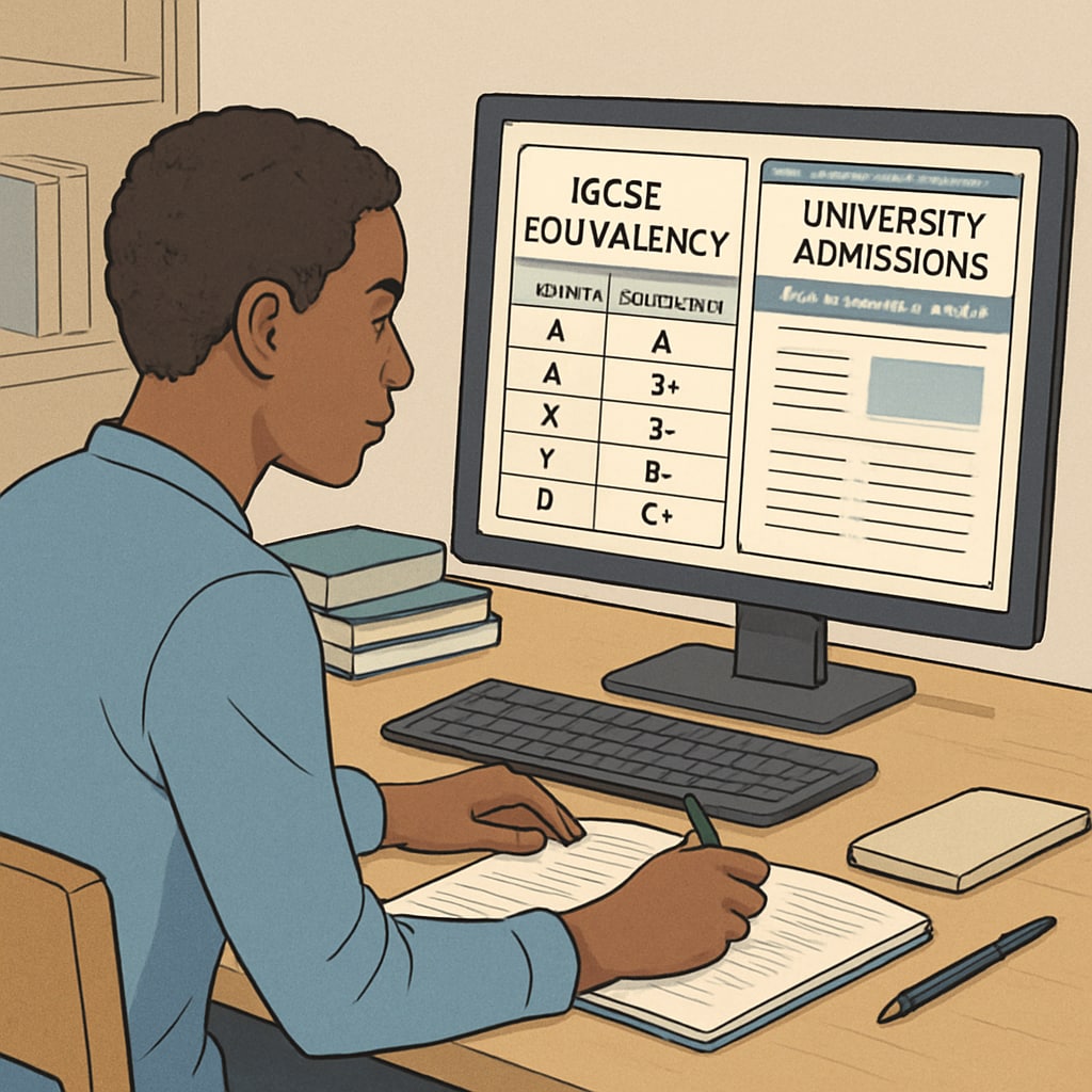An international student reviewing IGCSE equivalency charts on a university admissions website. International student researching IGCSE recognition for U.S. university admissions.