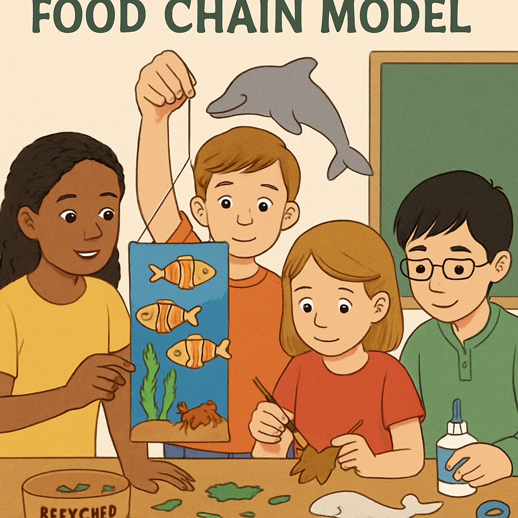 A classroom activity where students build a food chain model, including porpoises, using recycled materials to demonstrate ecological balance. Students creating a marine food chain model with porpoises.