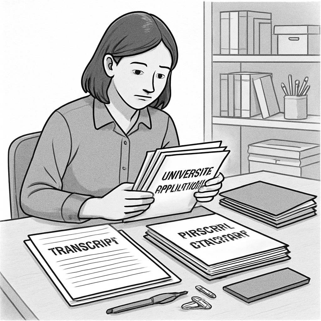A student organizing university application materials, including transcripts and personal statements. Student preparing documents for U.S. university applications.