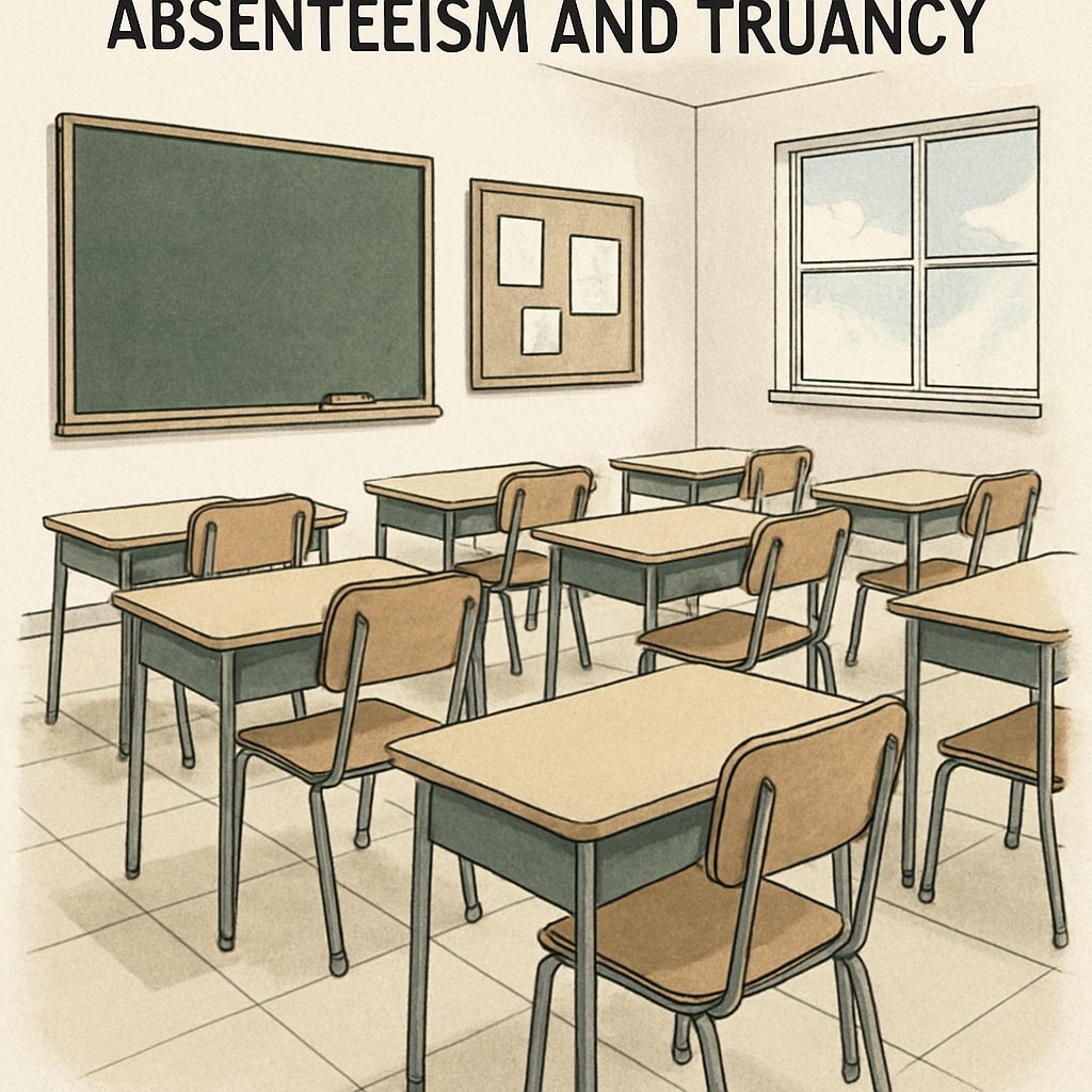 A photo of a classroom with empty desks, symbolizing absenteeism and truancy challenges. Empty classroom desks representing absenteeism and truancy issues.