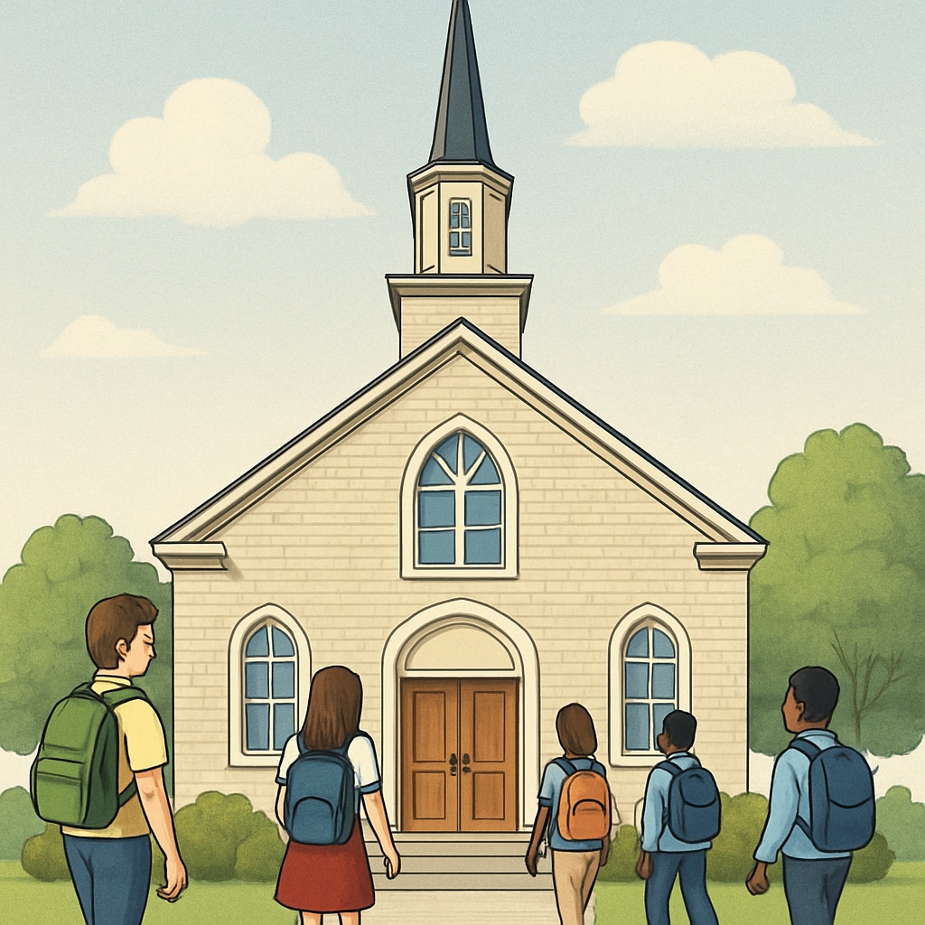 A photo of a church building with students entering, representing the intersection of education and religious intervention. Students entering a church for a truancy intervention program.