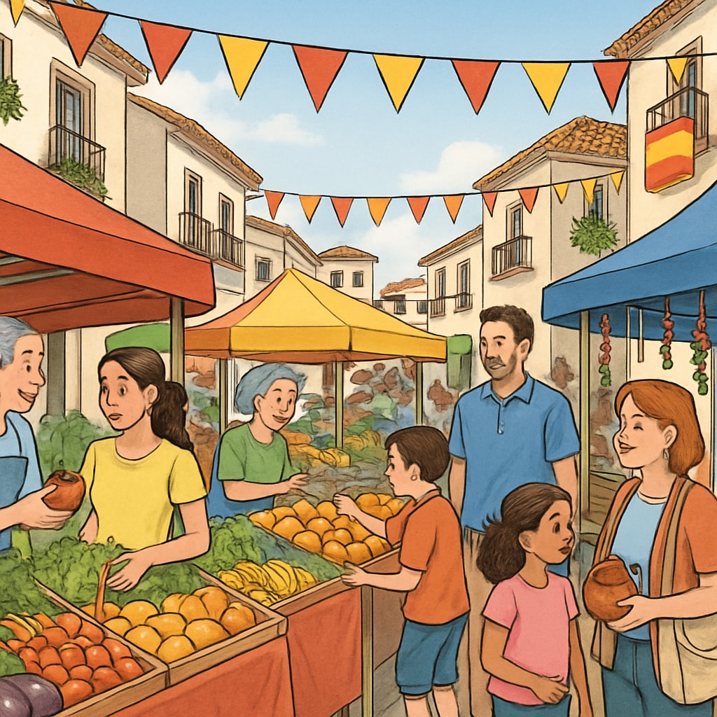 Spanish street market with local lifestyle and immigration integration.