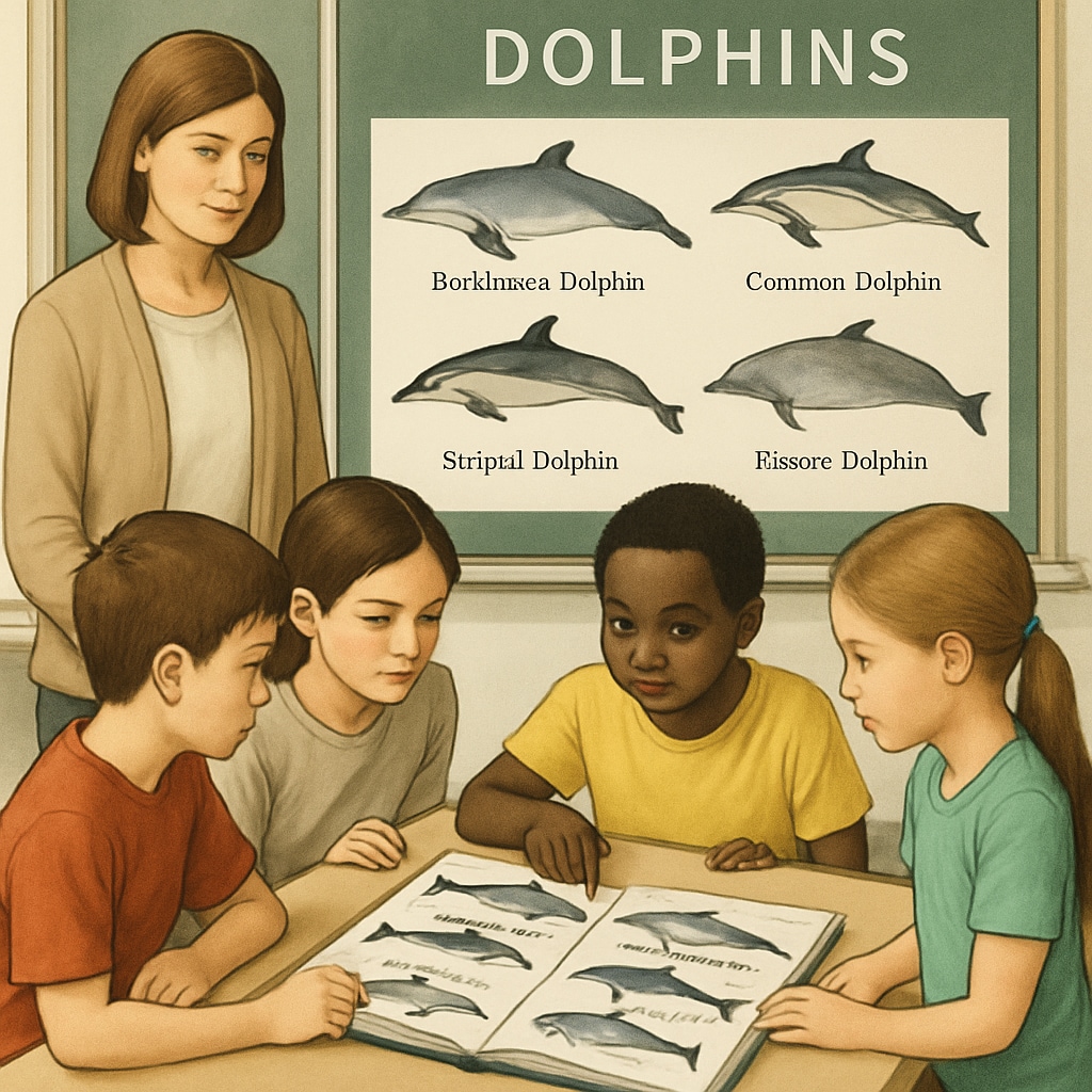 A classroom setting where students are examining illustrations of different dolphin species. A classroom scene with students learning about dolphin species.