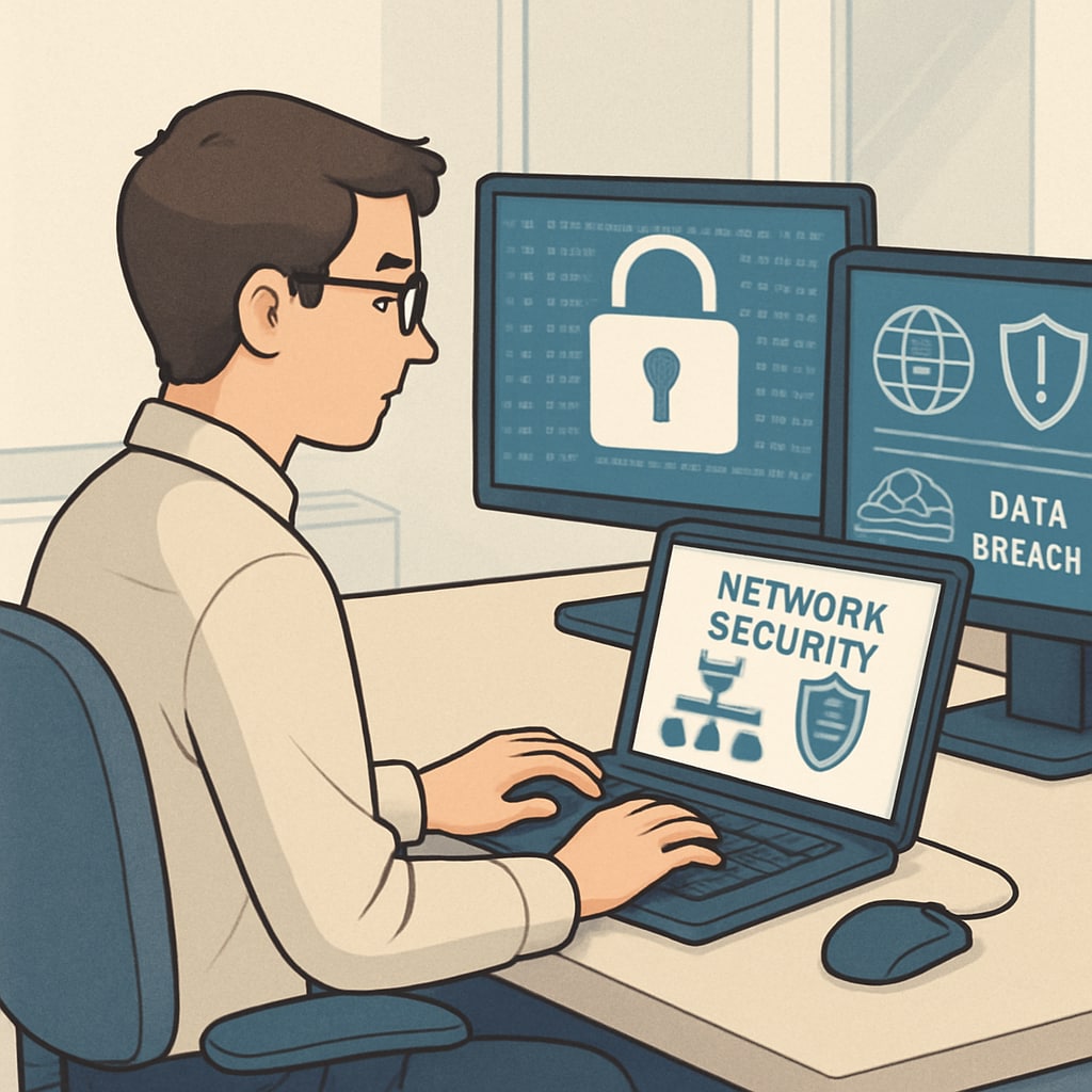 A young professional working on a network security project in an office environment, with screens displaying cybersecurity data. A professional developing network security solutions in an IT workplace.