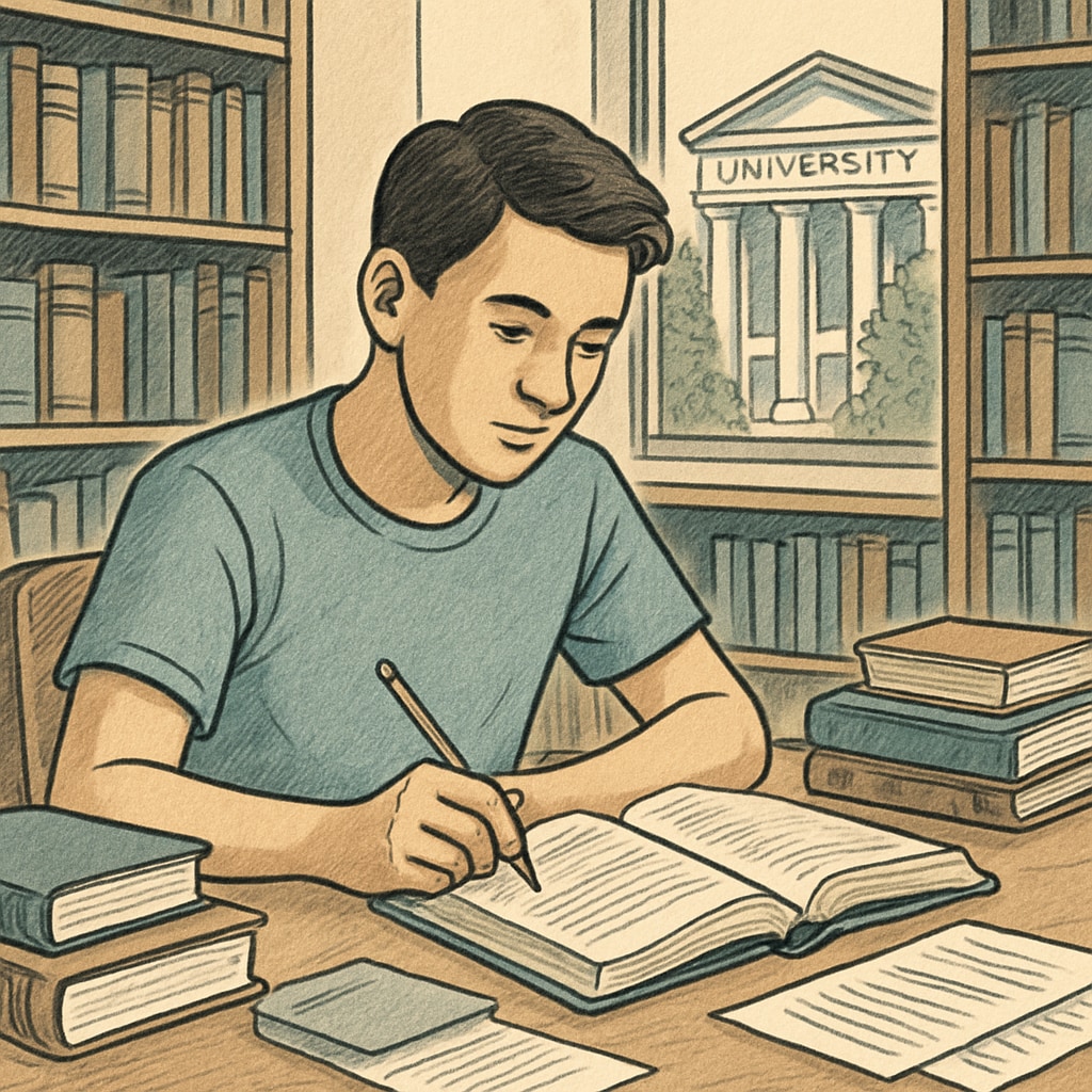 A student studying on a budget in a university library, symbolizing affordable education opportunities. A student studying in a library, representing budget-friendly higher education for AS Levels.