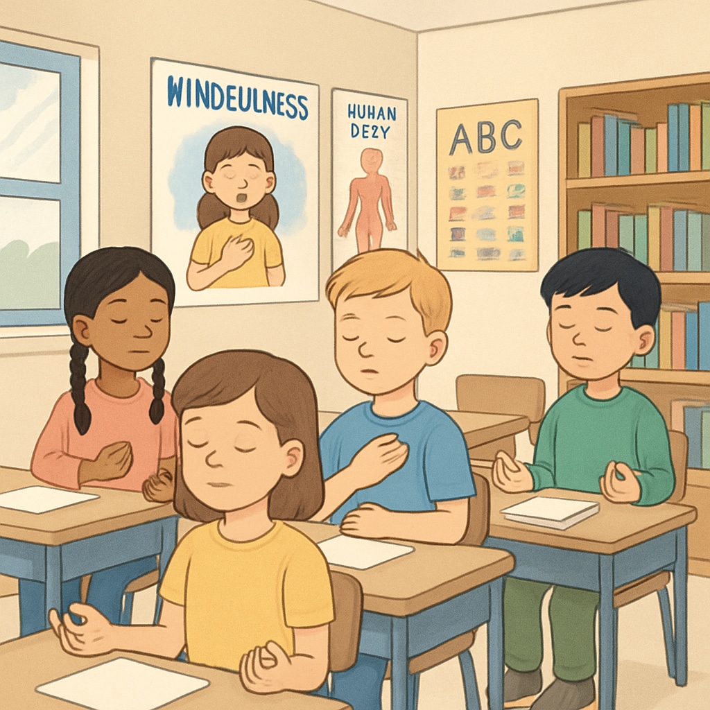 A serene classroom setting where children practice mindfulness, illustrating holistic education principles. Classroom mindfulness practice inspired by Sadhguru’s holistic philosophy