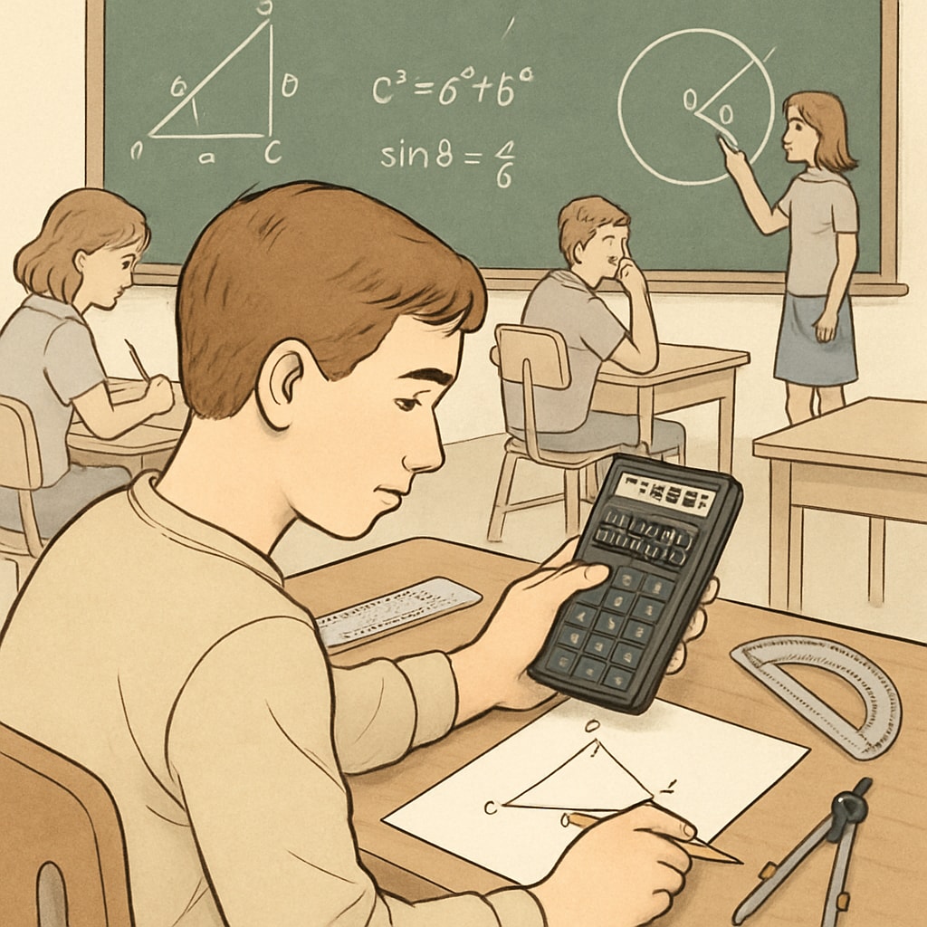 A student using an RPN calculator during a geometry problem-solving session in a classroom setting. Student solving geometry problems with an RPN calculator in a classroom.