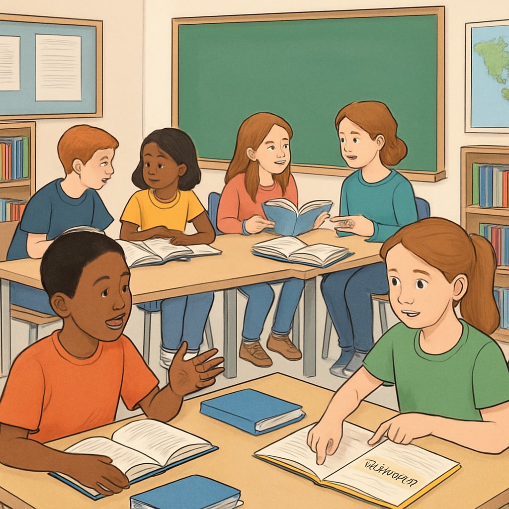 A classroom setting where students are engaged in group reading activities, discussing vocabulary and themes. Students participating in reading activities related to ELA module optimization.