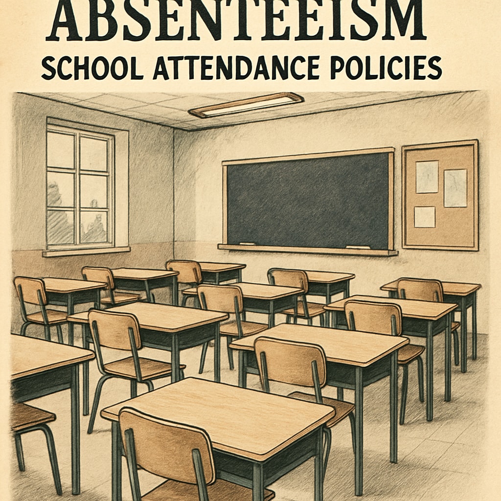 A classroom with empty desks representing absenteeism and school attendance policies. Empty desks in a classroom highlighting absenteeism and school attendance policies.
