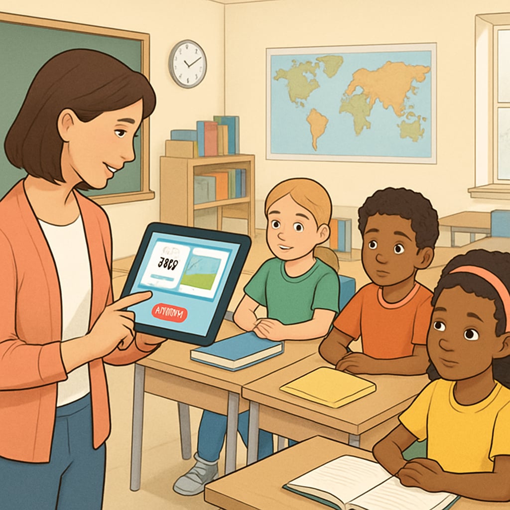 An educator using a tablet to guide students through an interactive reading app in a modern classroom. Teacher integrating technology to optimize ELA modules for 5th-grade students.