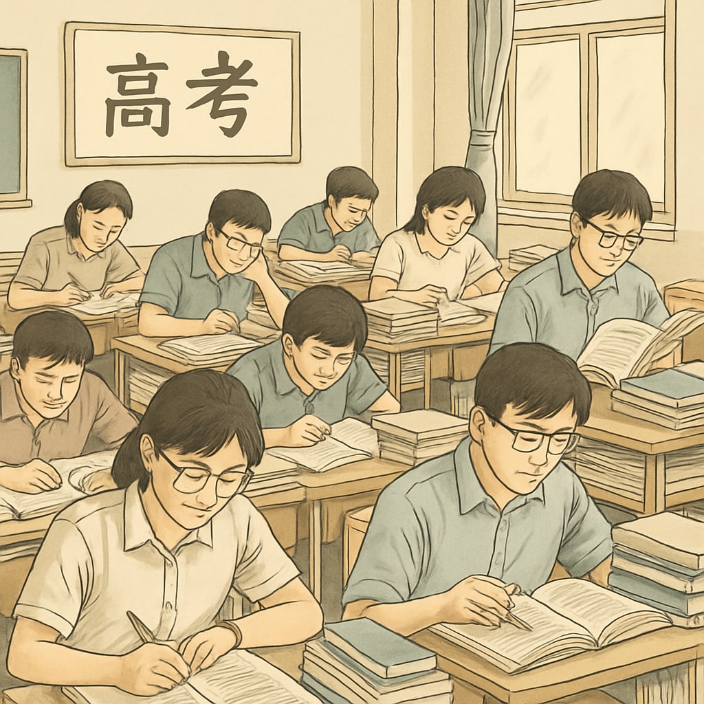 China's exam-centric education system featuring students preparing for the gaokao.