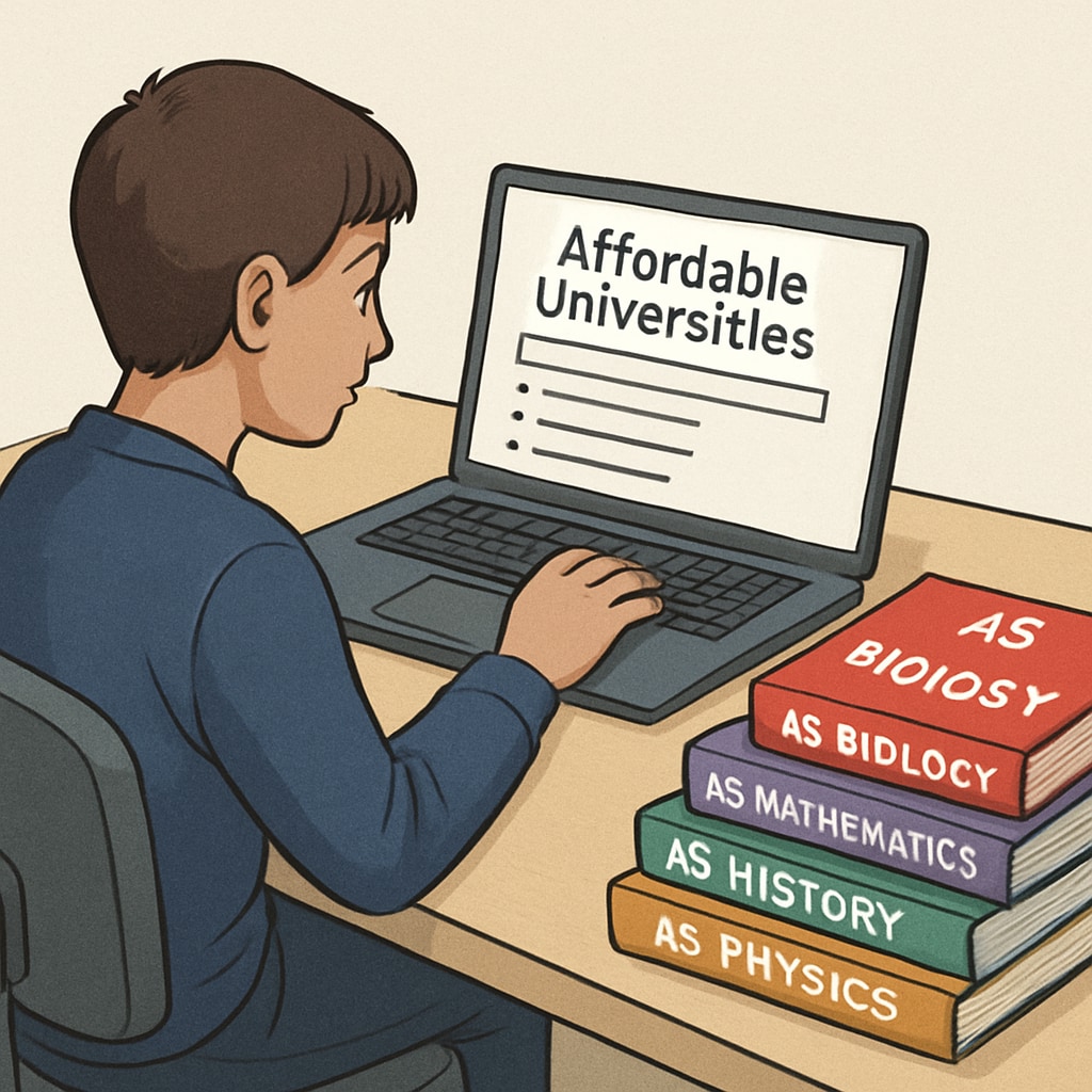 A student researching affordable universities on a laptop, surrounded by AS-level textbooks. Student researching AS-level university options on a laptop.