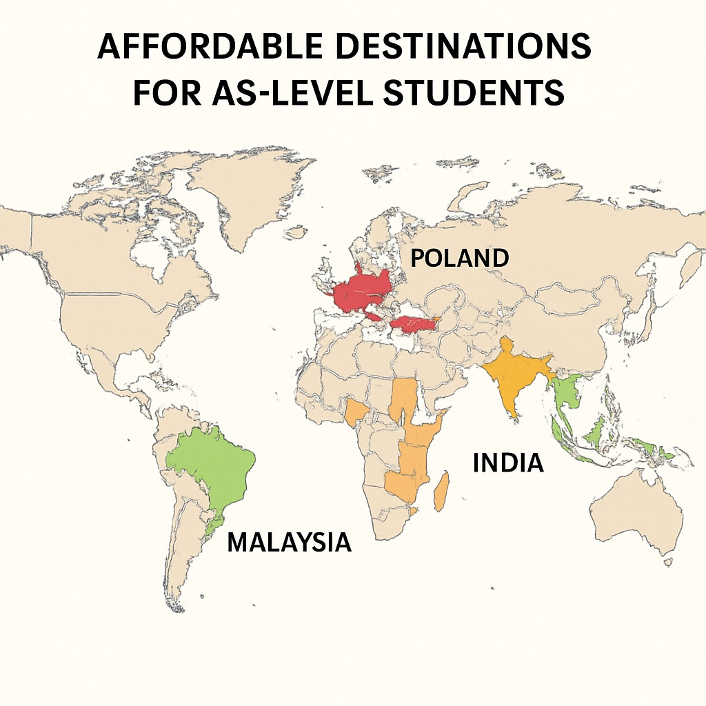 A global map highlighting countries like Malaysia, India, and Poland as affordable destinations for AS-level students. Map showing affordable university destinations for AS-level students.