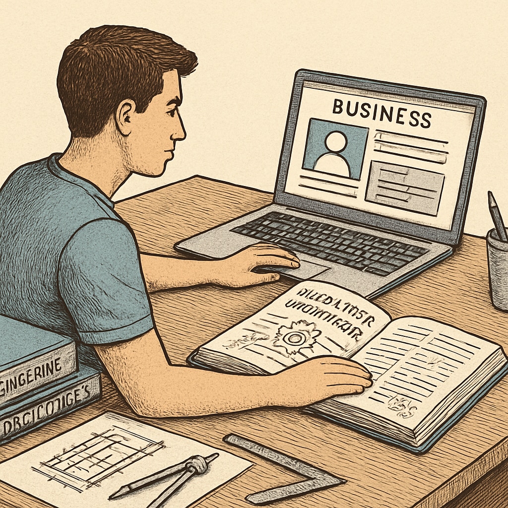 A student studying mechanical engineering while using a laptop to review online coursework for a business degree. Mechanical engineering student reviewing online business degree coursework