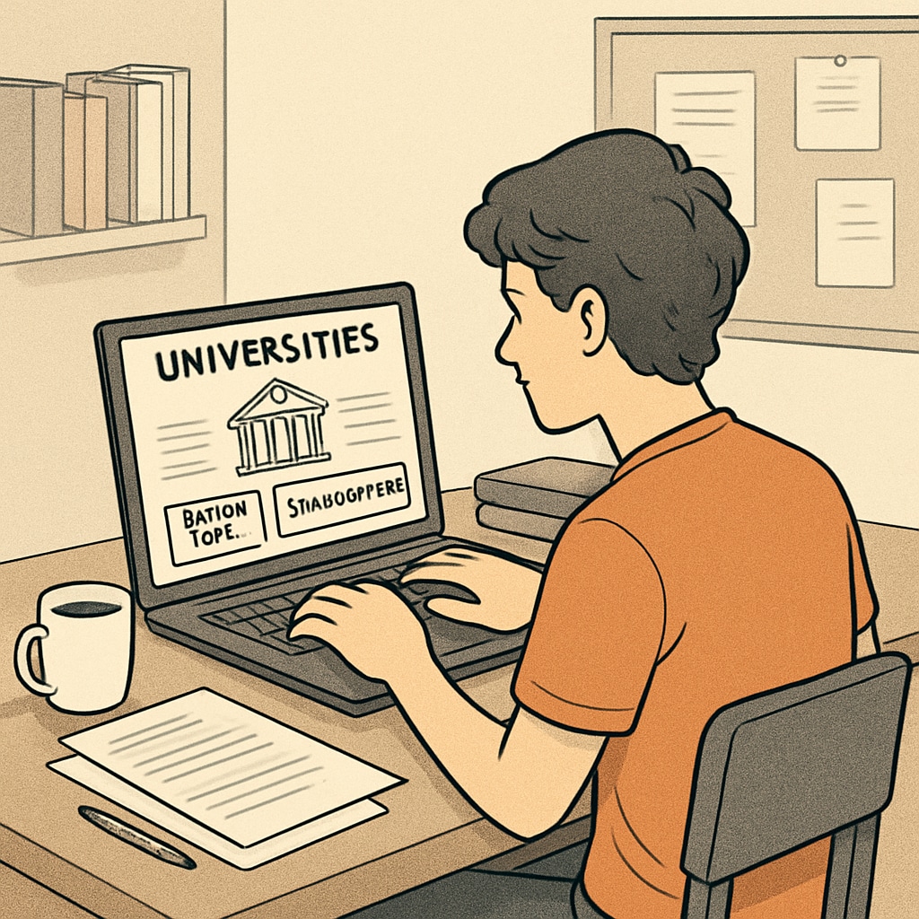 Student using a laptop to find affordable universities with scholarships for AS Level qualifications.