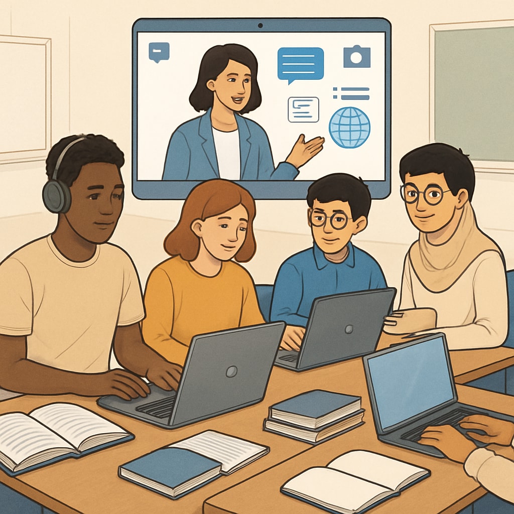 A diverse group of students participating in an online learning session, symbolizing the global community facilitated by Khan World School. Diverse students in an online learning session for Khan World School and ASU dual enrollment.