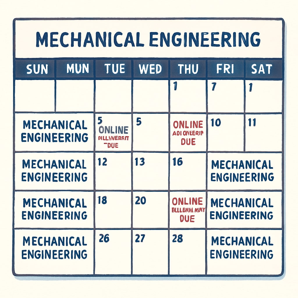 A calendar showing a detailed schedule for mechanical engineering classes, combined with online coursework deadlines. Detailed academic schedule for dual degree students in mechanical engineering