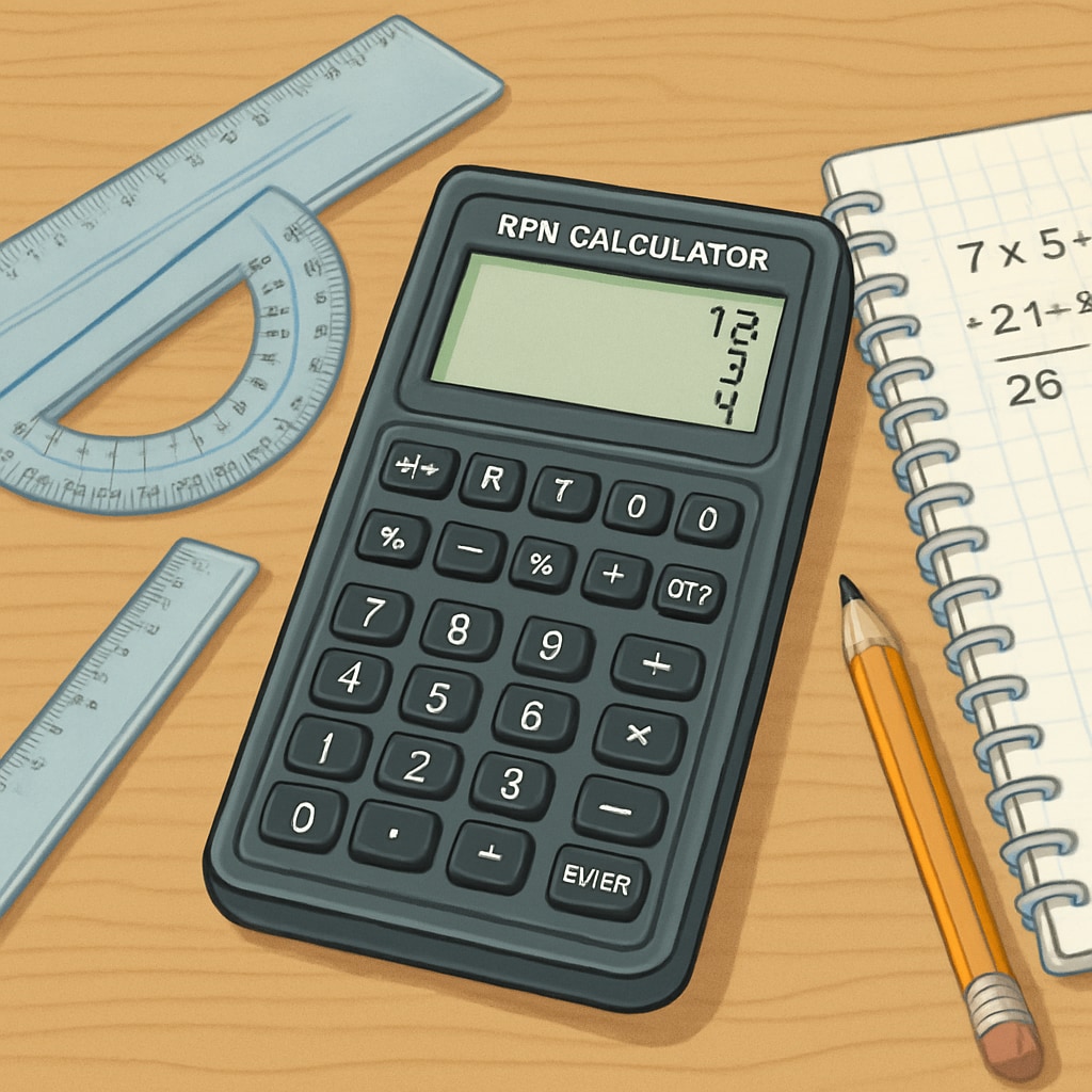 RPN calculator on a desk used for solving mathematical problems in a classroom.