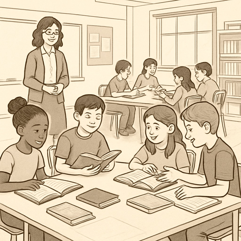 Fifth-grade students in a classroom engaged in ELA module activities.