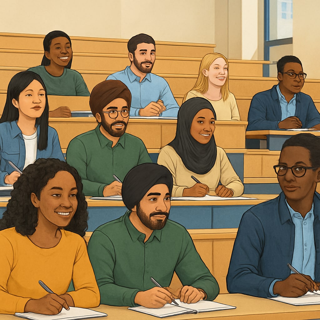 A diverse group of students in a UK university lecture hall, symbolizing inclusion and diversity challenges in higher education. Group of diverse students in a UK lecture hall discussing fee discrimination.