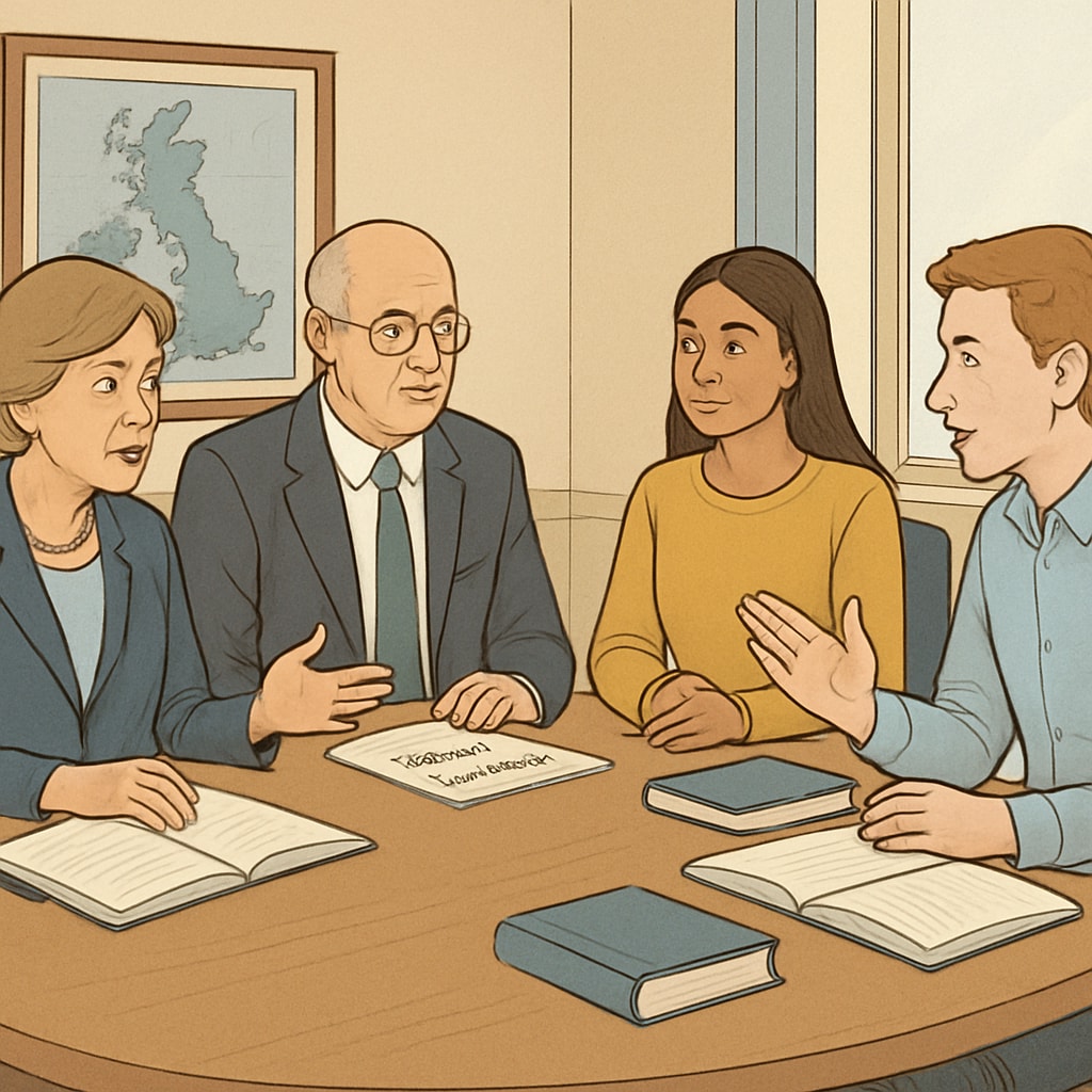 A meeting between policymakers and students discussing educational reforms in the UK. Policymakers and students in a meeting about educational reform for immigrant students.