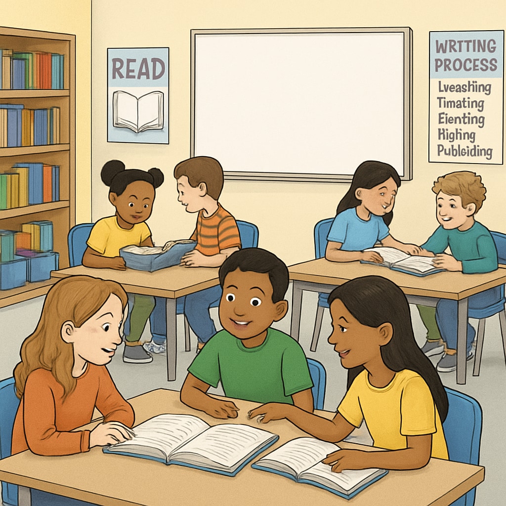 Fifth-grade students participating in group reading activities, showcasing ELA teaching methods.