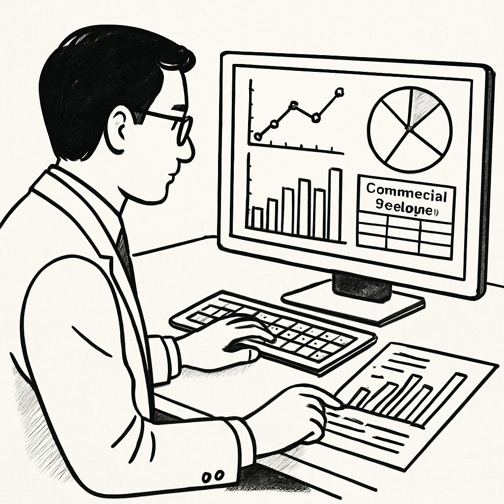 A professional analyzing data charts on a computer screen, representing commercial analysis in action. Commercial analysis professional reviewing data charts on a computer screen.