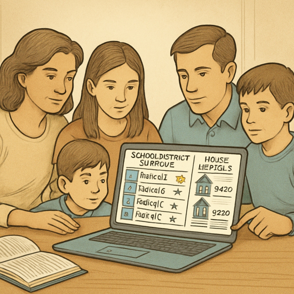 Family looking at school district rankings and housing options for education choices.
