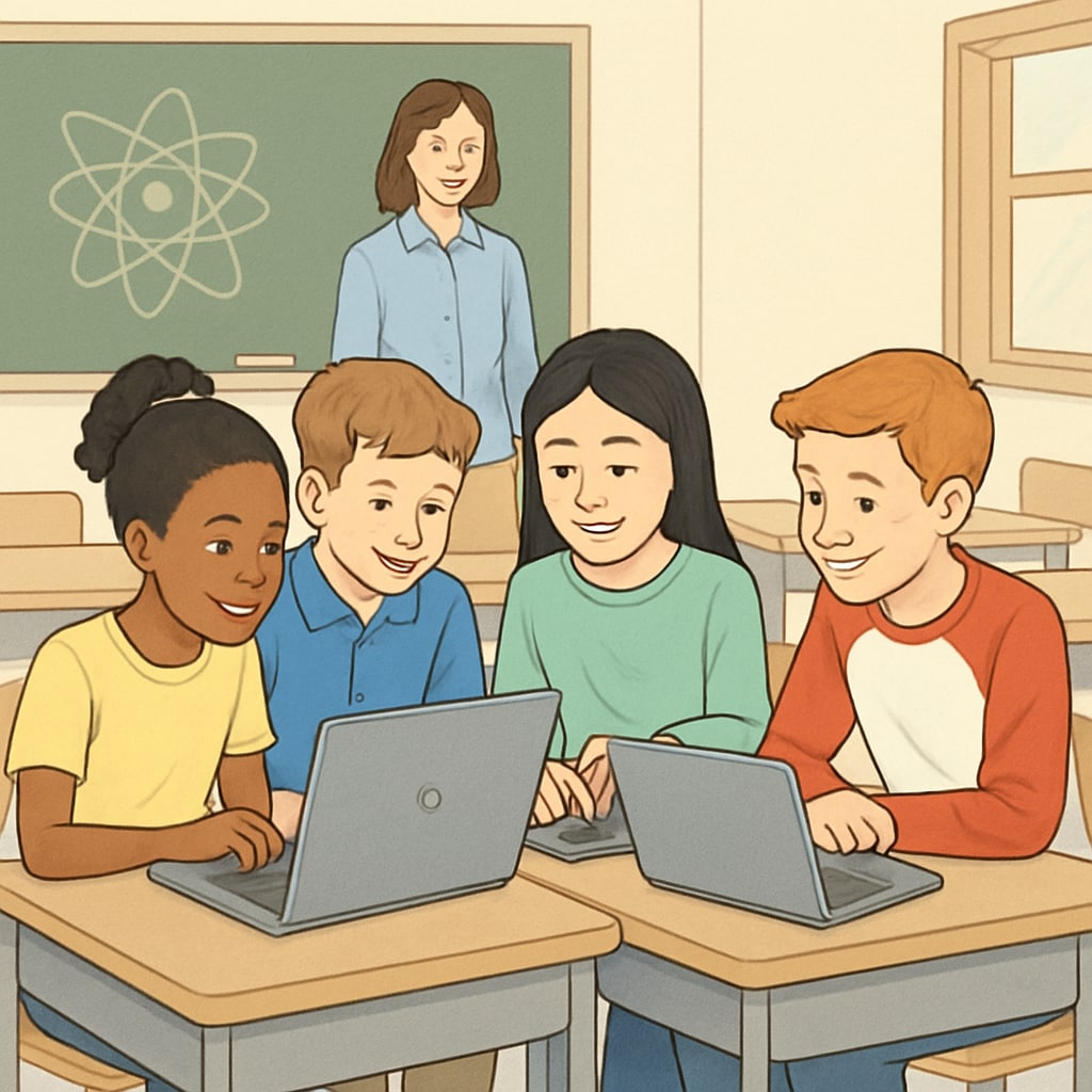 Students in a classroom collaboratively working on a Zooniverse project via laptops. Students working on Zooniverse citizen science projects in a classroom setting.
