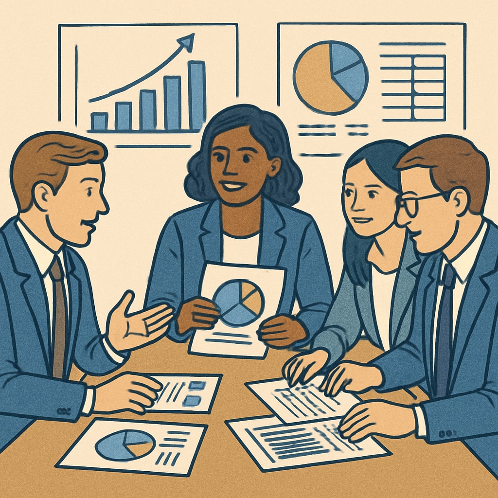 A group of business professionals discussing financial reports, highlighting teamwork and career development in analytics. Business team analyzing financial reports during a meeting.
