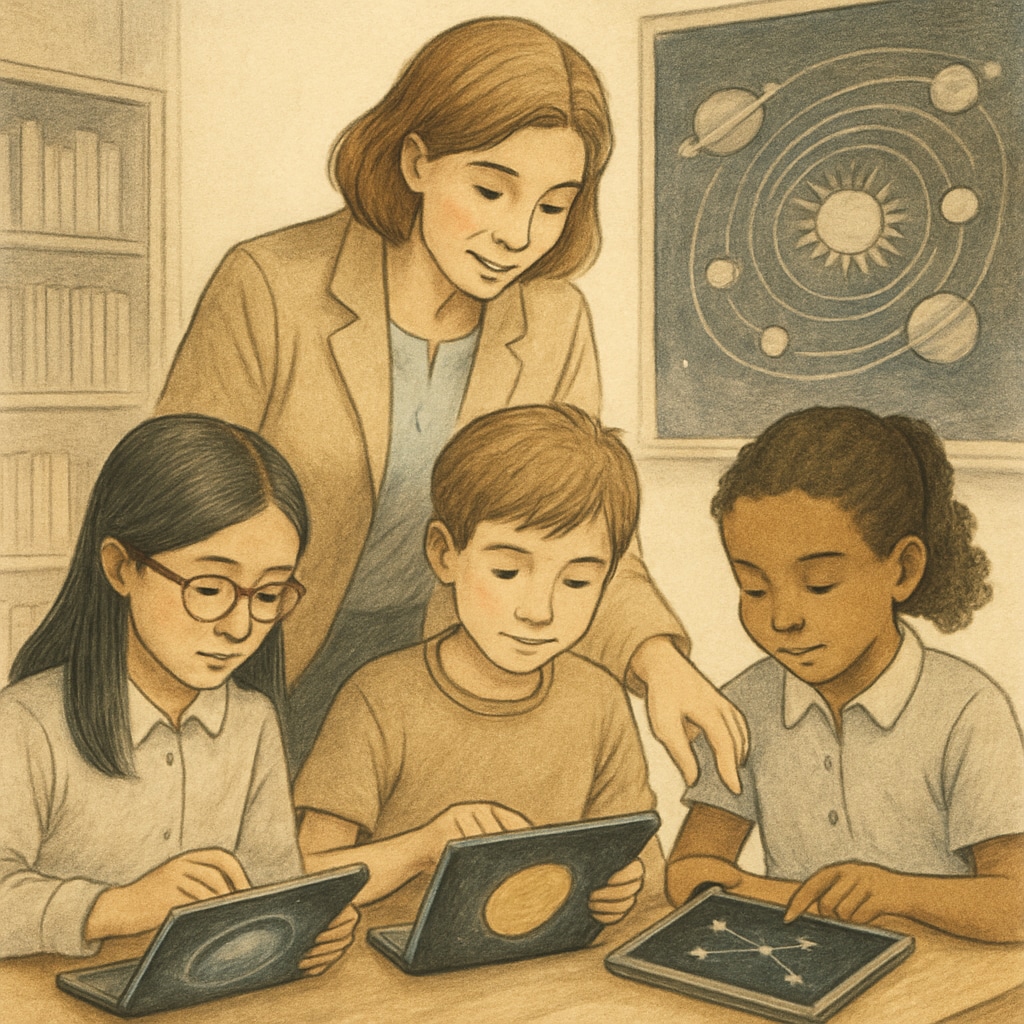 A teacher guiding students as they explore a Zooniverse astronomy project on tablet devices. Teacher assisting students with a Zooniverse astronomy project on tablets.