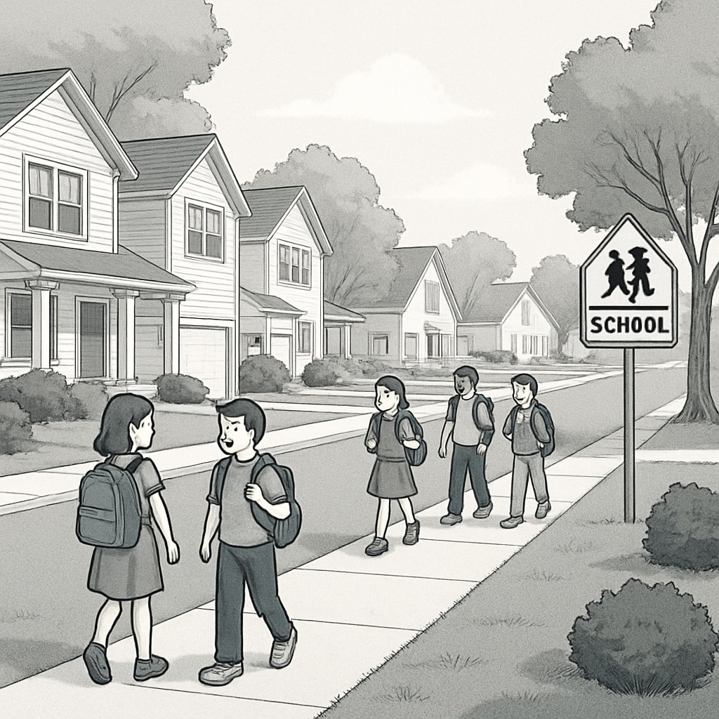 A suburban neighborhood with well-maintained homes, children walking to school, symbolizing proximity to top schools. Suburban neighborhood showcasing homes and children walking to school near top districts.