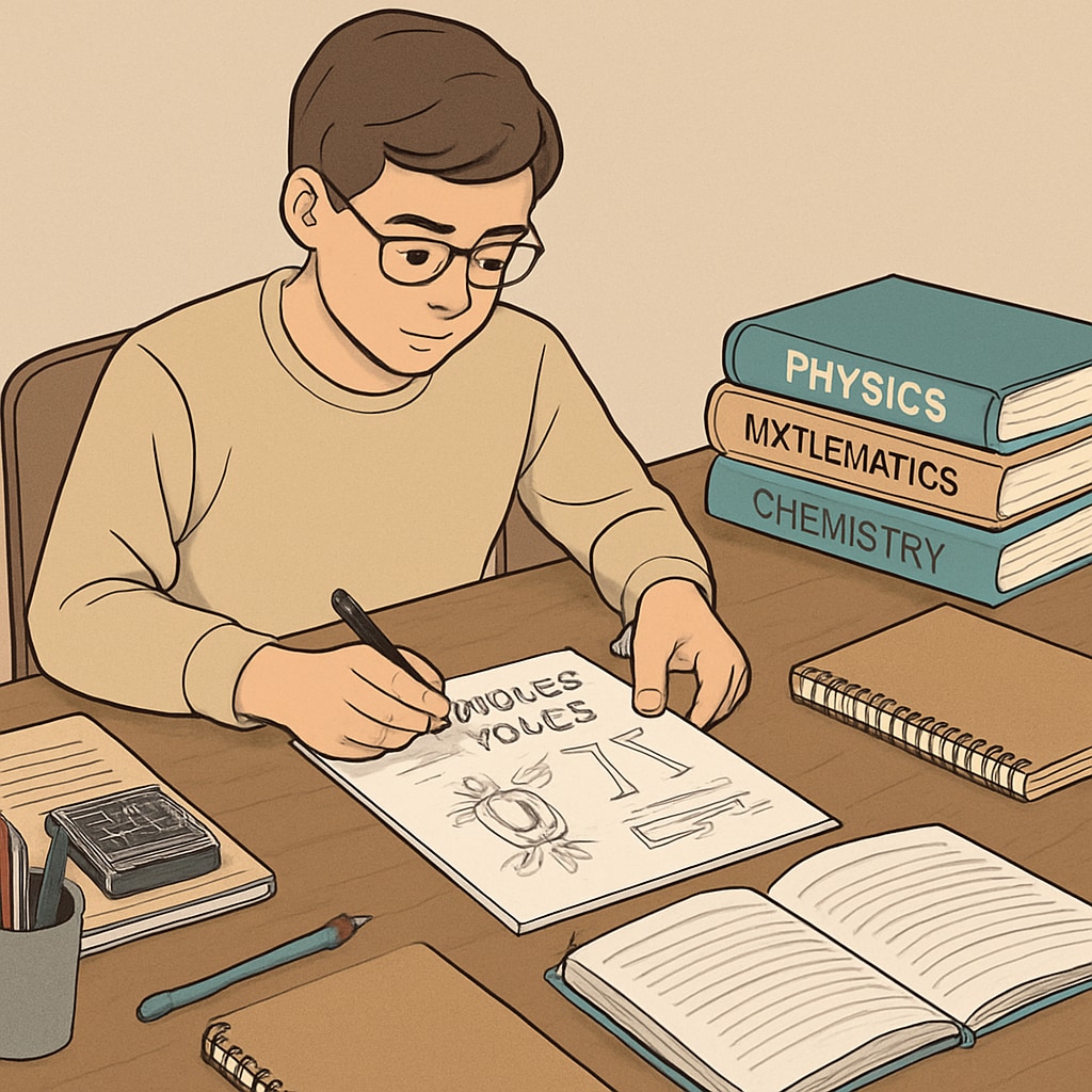 A student organizing physics notes on a desk, emphasizing systematic planning for exam preparation. Physics backlogs, time management, exam preparation - student organizing notes.