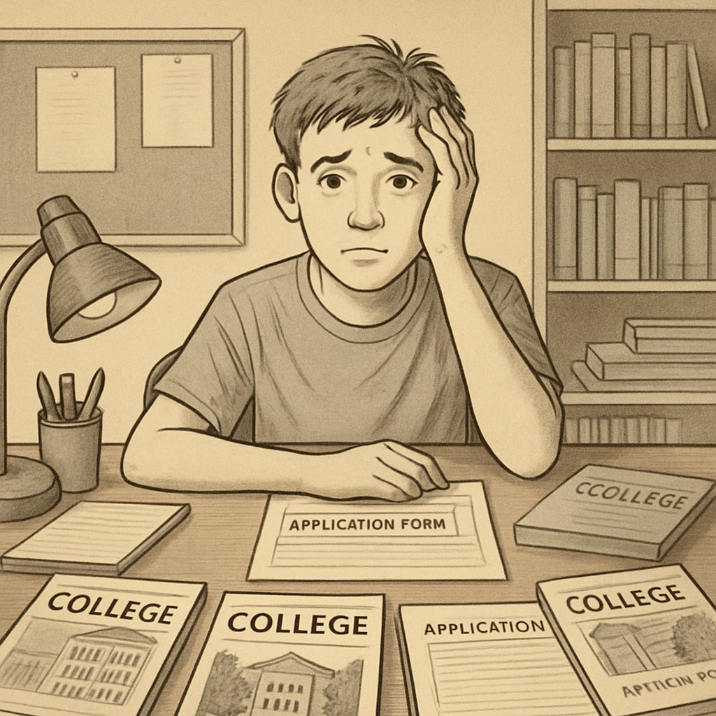 Freshman overwhelmed by college applications materials.