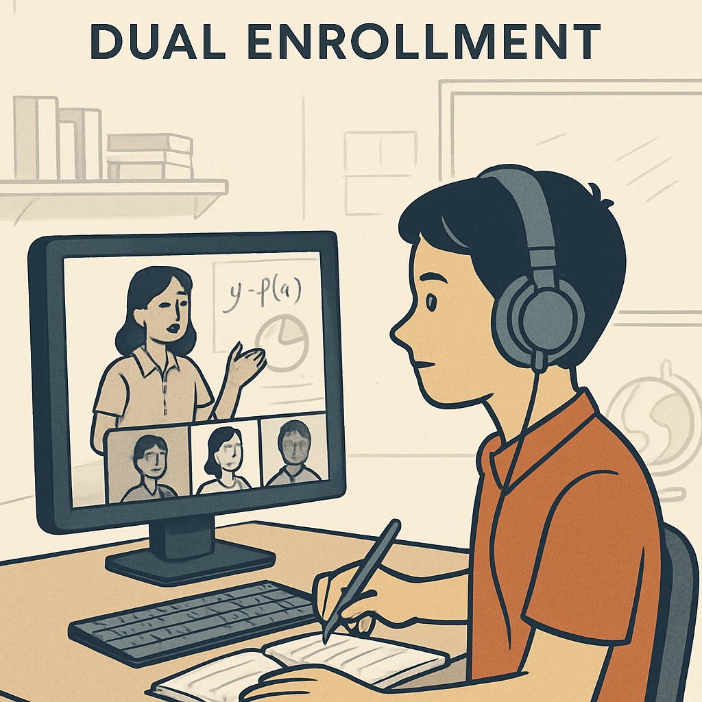 A screenshot of a student engaging in an online class as part of the Khan World School dual enrollment program. Student attending an online class in Khan World School’s dual enrollment program.