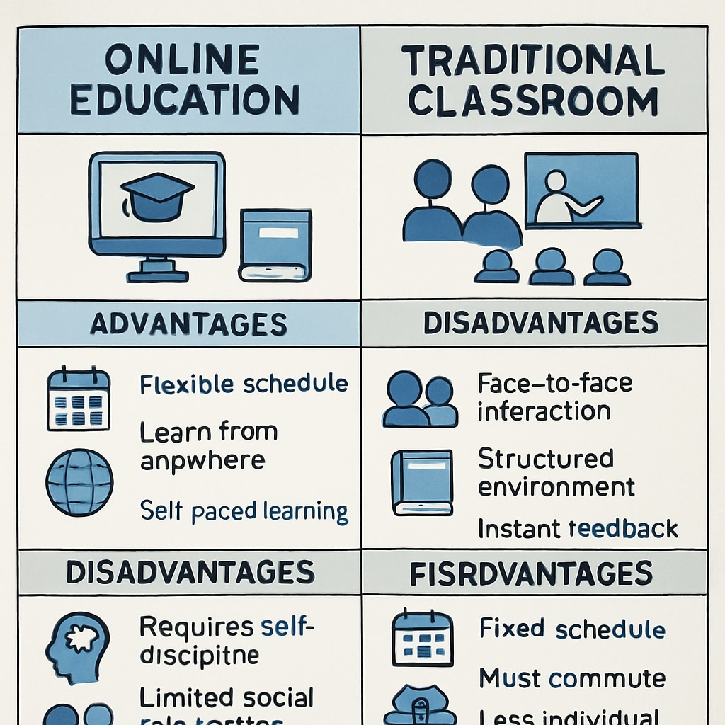 A comparison chart showing the pros and cons of online education versus traditional classroom learning. Chart comparing online learning and traditional classroom education.