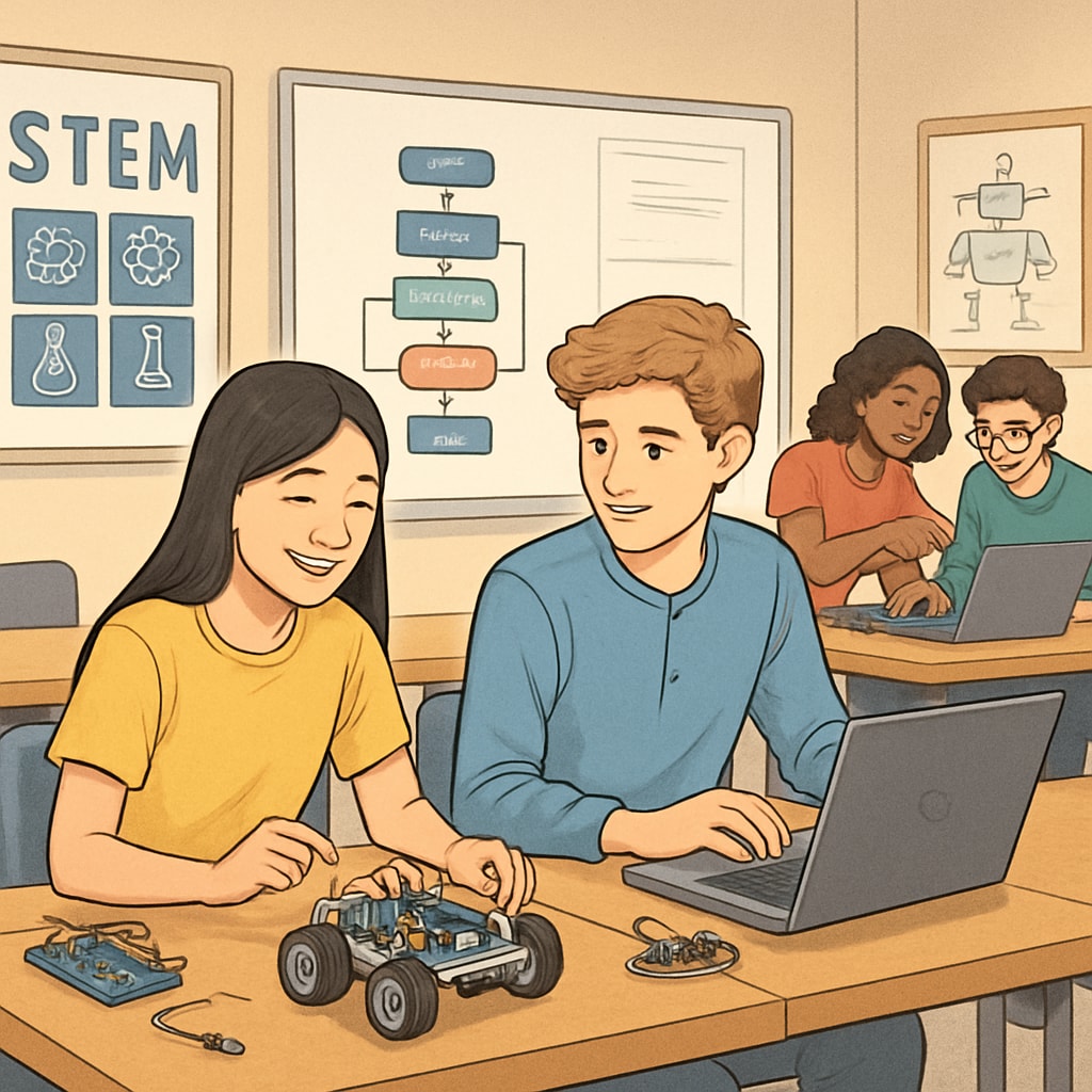 A classroom filled with high school students engaged in a hands-on STEM activity, such as coding or robotics programming. High school students learning STEM concepts through interactive activities.