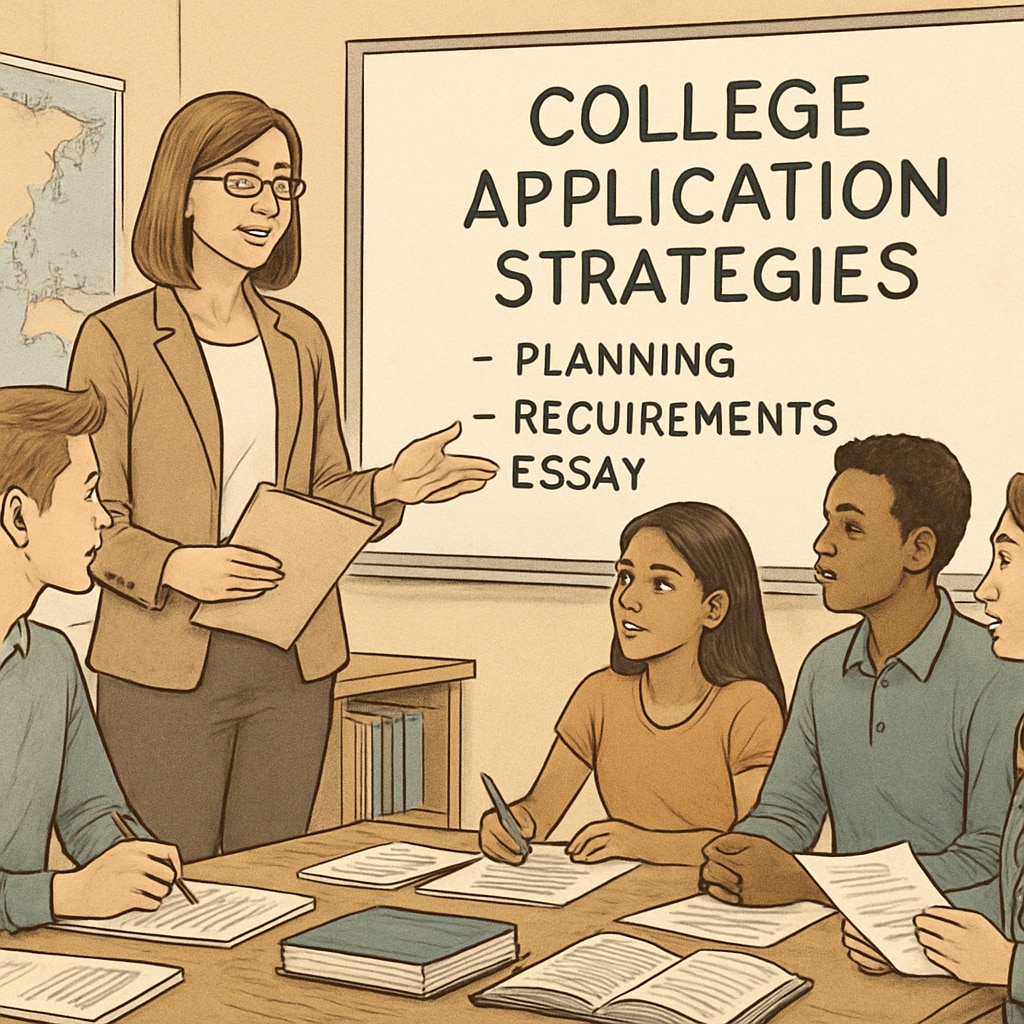 Teacher guiding students on college application strategies.